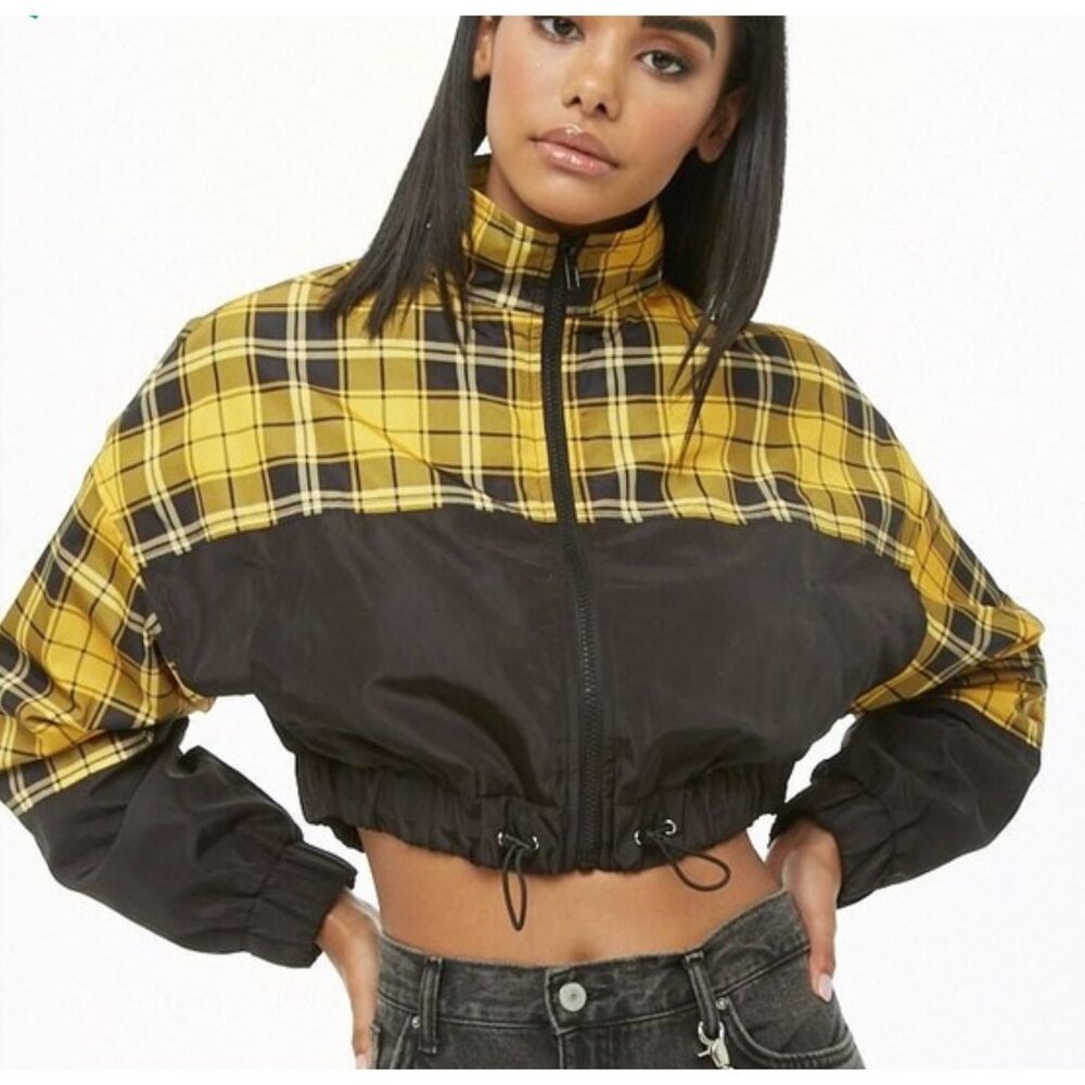 Forever 21 Black and Yellow Plaid Cropped Bomber Jacket Size Medium - Picture 1 of 9